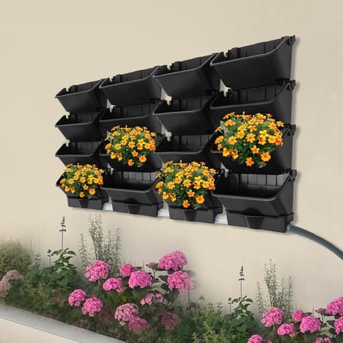20Pack Vertical Wall Planter, 13 inch Wall Mounted Garden Planters, Stackable Wall Hanging Planter, Plastic Flower Pot with 4 Drainage Tray & 6.56FT Drainage Pipe for Indoor and Outdoor (Black) - Image 2