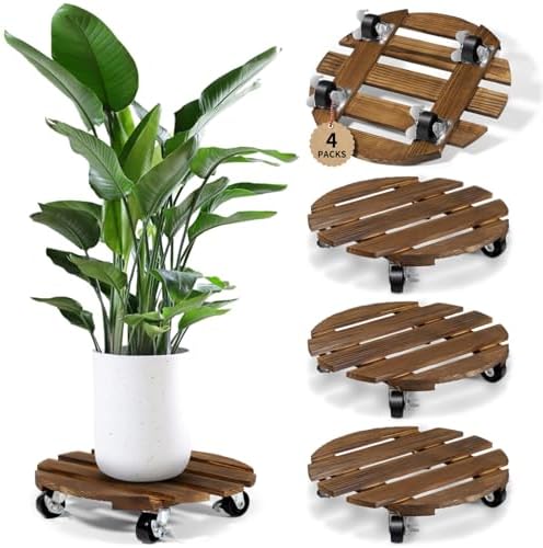 4 Pack Plant Stand with Wheels, 12" Wooden Rolling Planter Plant by Unknown
