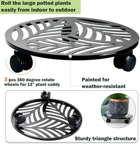 4 Packs Large Metal Plant Caddy with 3 PU Wheels 12" Heavy-Duty Wrought Iron Rolling Plant Stands Indoor Outdoor Wheeled Plant Dolly Planter Mover Rollers Plant Trolley Cart, Plant Saucers Included - Image 7