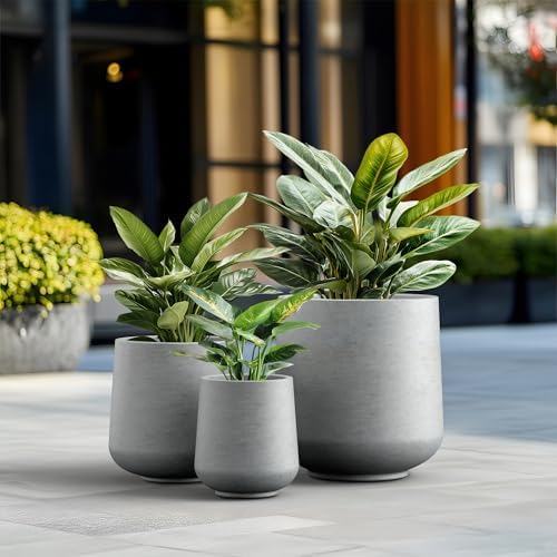Kante Round Concrete Planter Set of 3-9.4"/13"/16.5" Dia Barrel-Style Garden Pots with Drainage Hole for Flowers and Trees (7.1"/10.2"/13.8" Opening), Gray - Image 4