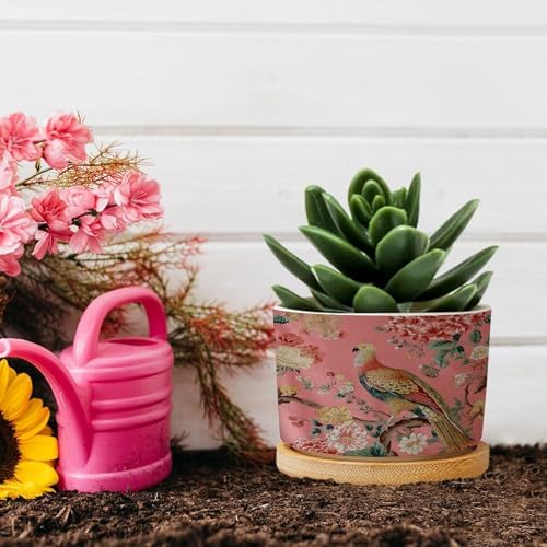 Blush Chinoiserie Bird Planter Ceramic Hydrangea Peacock in Coral Round Flower Pot with Drainage Holes and Bamboo Tray Pot for Home Office Decoration - Image 5