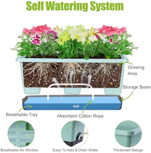 Oliz Window Box Planter 8 Pcs, 17 Inches Rectangle Flower Pots with Drainage Holes & Trays, Vegetable Planters for Windowsill Patio Garden Balcony Home Indoor Outdoor (Green, 16 * 7 * 6 inch) - Image 5