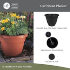 The HC Companies Caribbean Planter Pot - Outdoor & Indoor Plant Pot with Drainage Hole & Plug - Rolled Rim Plastic Pots for Plants & Flowers - Decorative Plant Pot (14" Black, Pack of 1) - Image 2