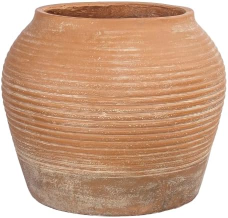 12"H x 14" Dia Distressed Terracotta Planter Pot with Drainage Hole, Vintage Ribbed Clay Pot Look, Rustic Decorative Large Indoor Outdoor Flower Pot for Patio, Porch, Garden, Entryway Farmhouse Decor by Haispring