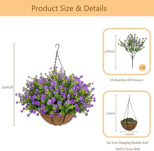 NETAP Artificial Hanging Flowers Basket for Outdoor, 16 Fake Flowers Look Real UV Resistant, Faux Hanging Plants for Porch, Balcony, Patio, Garden, Spring Summer Decor,Purple - Image 5
