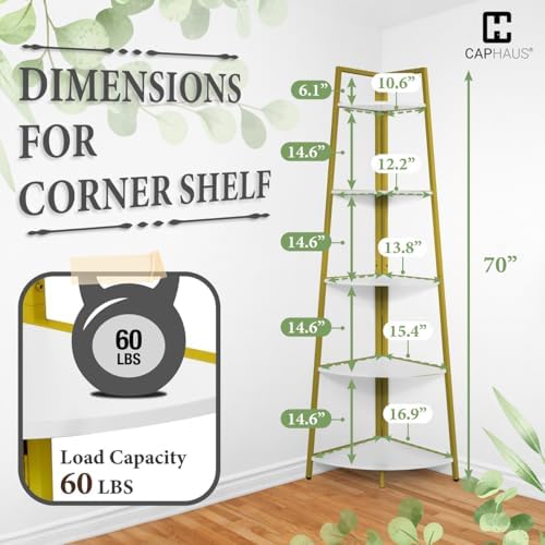 CAPHAUS 5-Tier Corner Shelf Stand, Tall Display Shelves, Ladder Corner Wood Storage Plant Bookshelf with Metal Frame, Versatile Shelving Unit Bookcase for Home Office Space, Gold - Image 2
