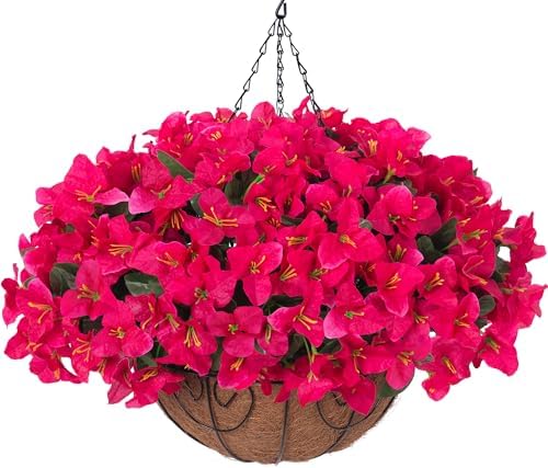 Artificial Fake Hanging Flowers Plants Basket for Outdoors Fall Decoration, Faux Silk Bougainvillea Flowers in Planter UV Resistant Realistic for Outside Porch Patio Garden Yard Home, Hotpink by HyeFloraartificialflowers