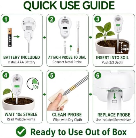 Soil Test Kit, 6-in-1 Soil Moisture Meter, PH/Sunlight/Soil Moisture/Fertility Monitor Indicator Sensor with 4 Removable Probe, Soil Tester for Garden, Lawn, Indoor and Outdoor Plants - Image 5