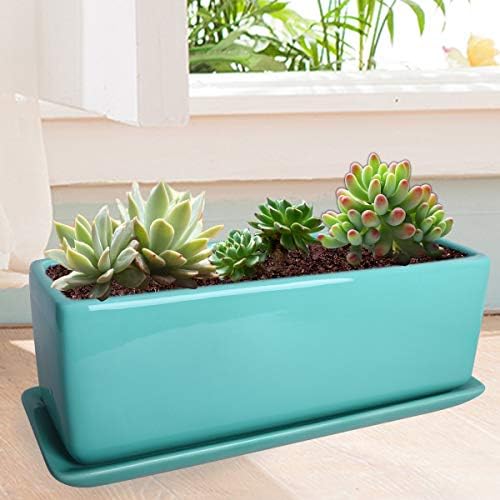 Vencer 12 Inch Rectangular Modern Minimalist Ceramic Succulent Planter Pot - Window Box with Saucer,Office Desktop Potted Stand,Turquoise,VF-0135T - Image 6