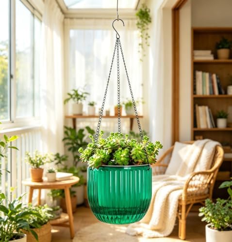 Melphoe Self Watering Hanging Planters Indoor Flower Pots, (8.3’’+6.5’’+5.3''+4.7'' 4Pack) - Outdoor Hanging Plant Pot Basket, Plant Hanger with 3Hooks Drainage Holes for Garden Home (Emerald) - Image 5