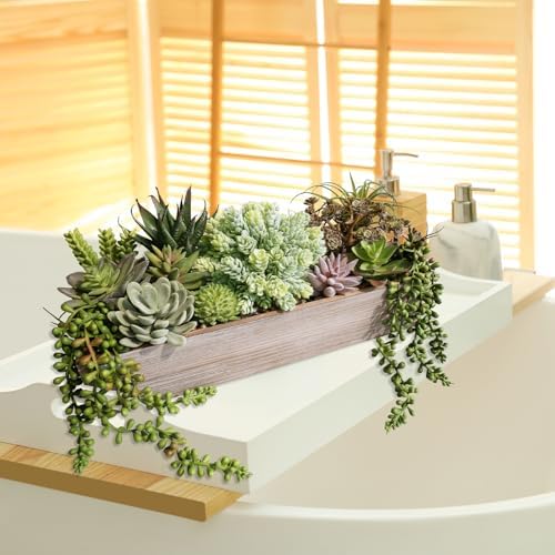 Winlyn 15" Artificial Succulents Plants Arrangement Fake Succulent Plants in Whitewashed Rectangular Wooden Planter Box Faux Potted Plant Decor for Home Windowsill Shelf Farmhouse Table Centerpiece - Image 5