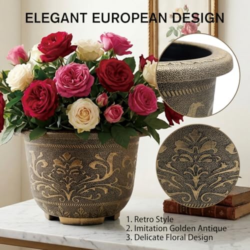 2 Pack 17 inch Large Plant Pots, Big Flower Pots Outdoor Large, Round Plastic Flower Pots with Drainage Holes, Heavy Duty Bronze Style Decorative Planters for House - Image 4