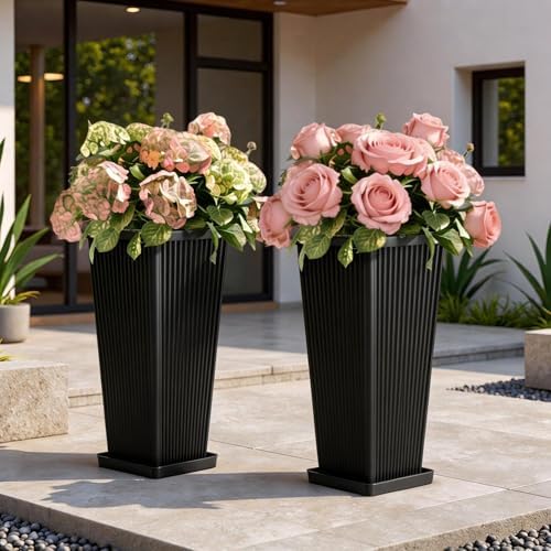 24" Tapered Tall Planters for Outdoor Plants with Tray&Shelf, Black by Diyfire