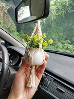 Dahey Mini Macrame Plant Car Accessories Rear View Mirrior Charm Cute Hanging Rearview Car Decor Hanging Fake Plant Artificial Decor Macrame Plant Hanger with Artificial Vines - Image 3