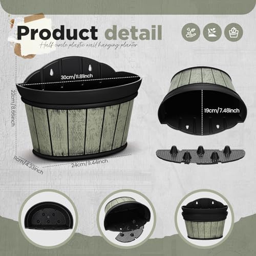 12 Pcs Wall Hanging Planters Outdoor Wine Barrel Planter Distressed Oak Thickened Plastic Water Storage Flower Pots for Plants Flower Indoor Outdoor Railing Fence (Green Color,10 Inch) - Image 2