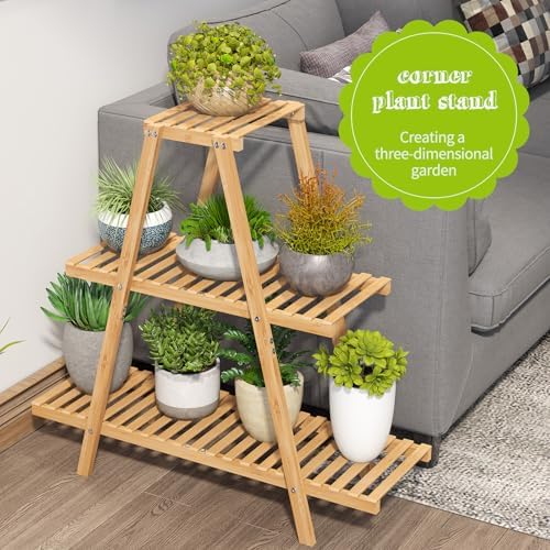 BMOSU Plant Stand Bamboo for Indoor Outdoor Tiered Plant Shelf 8 Potted Flower Holder Ladder Rack Garden Balcony Living Room Patio(3 Tier Natural) - Image 5