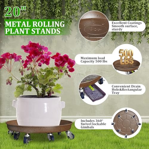 20" Metal Plant Caddy, Heavy Duty Planter Pot Mover with Iron Lockable Wheels and Drain Hole, Large Rolling Dolly Planter Caddy Flower Pot Indoor and Outdoor Flowerpot Tray (1pcs) - Image 2