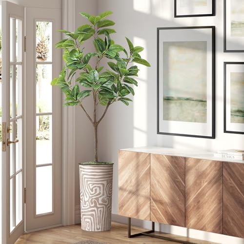 Artificial Tree in Geometric Pattern Planter, Fake Magnolia Tree for Indoor and Outdoor Home Decoration - 70" Overall Tall (Plant Pot Plus Tree) by SIGNWIN