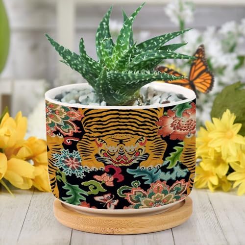 Chinoiserie Tiger Planter Ceramic Green and Turquoise Tiger Stripe Round Flower Pots with Drainage Holes and Bamboo Tray Pot for Pots Outdoor Indoor Plants - Image 6