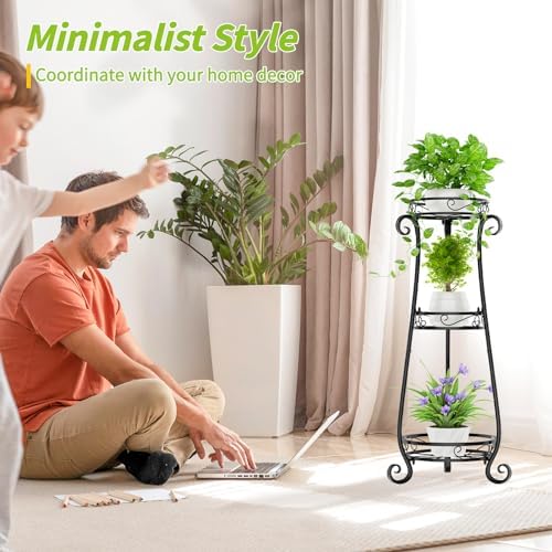 KMOTASUO 3 Tier Metal Plant Stand Tall for Indoor Outdoor Corner, Black - Image 2