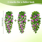 BLEUM CADE Artificial Hanging Flowers for Outdoors, 4pcs Fake Hanging Plants Pothos Vines with Purple Flowers for Wall Home Living Room Indoor Outdoor Decor (No Baskets) - Image 2
