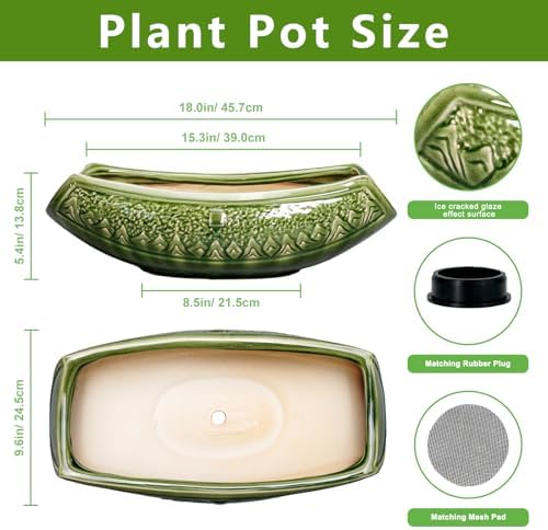 Bonsai Planter 18 Inch - Large Ceramic Succulent Pots with Drainage Hole, Bonsai Pots for Indoor Outdoor Plant, Ceramic Flower Pot, Decorative Plant Pot, Garden Decor, Housewarming Gift, Green - Image 2