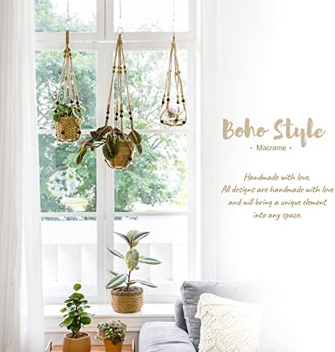Mkono Macrame Plant Hanger and 3 Pack Plant Hangers with Self Watering Plant Pots Indoor Hanging Baskets Flower Pot Holders with Hooks No Tassels - Image 4