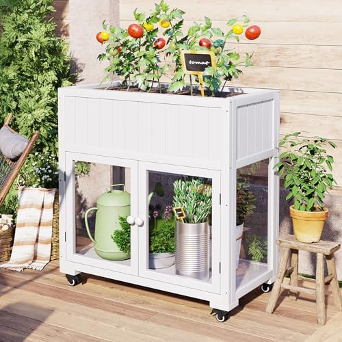 Wooden Cold Frame Greenhouse with Wheels, Garden Shed for Plants, Compact 2 Doors Greenhouse Cabinet, Flower Plant Cabinet with Raised Bed, White 35.4''x17.7''x37.4'' by Htftmy