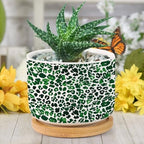 Leopard Green Planters Ceramic Green African Tribal Round Flower Pot with Drainage Holes and Bamboo Tray Pot for Succulents Cactus Garden Windowsill - Image 6