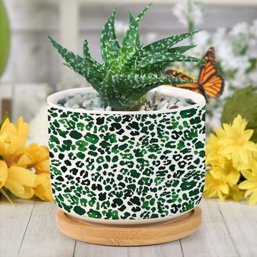 Leopard Green Planters Ceramic Green African Tribal Round Flower Pot with Drainage Holes and Bamboo Tray Pot for Succulents Cactus Garden Windowsill - Image 6