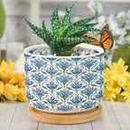 Blue Floral Planter Ceramic Mughal Flower Round Flower Pots with Drainage Holes and Bamboo Tray Pot for Pots Outdoor Indoor Plants - Image 6