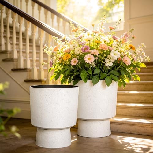 Autodaya 16.75" Urn-Style Planters Set of 2, White Terrazzo Pedestal - Image 4