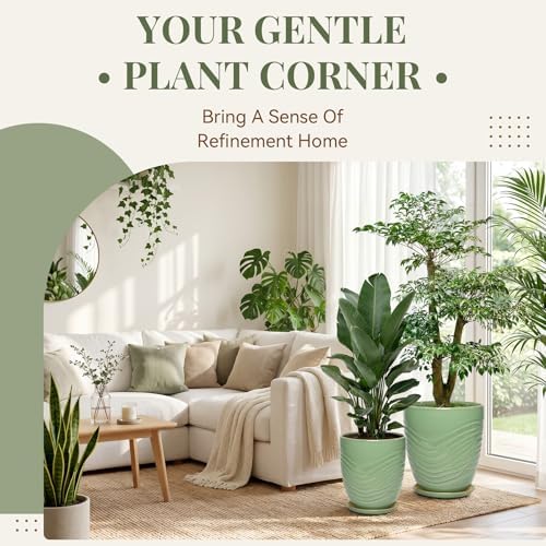 9.5 Inch Modern Ceramic Plant Pot with Saucer, Flower Pot with Drainage Hole Mesh Net,Indoor Outdoor Planter (Crackle-Green) - Image 2