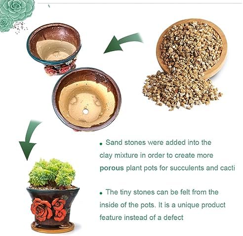 5.5 Inch Succulent Pot Handmade Flower Design Round Ceramic Antique Plant Pot Cactus Pot Planter with Drainge and Saucer Set of 2 - Image 6