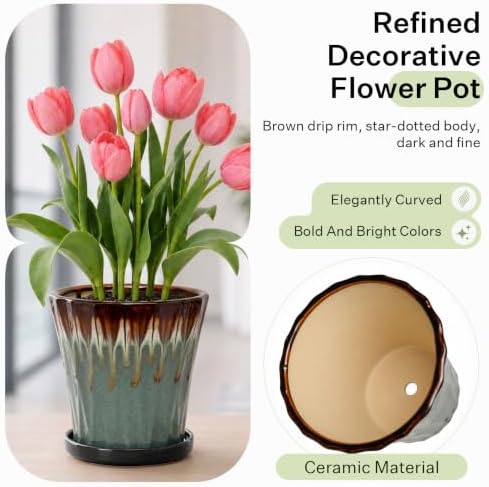 6.6 Inch Ceramic Planters with Drainage Hole and Saucer,Indoor Outdoor Large Flower Pots, Garden Pot for Plant Lovers (Drip Blue) - Image 3