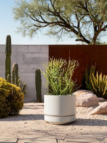 LE TAUCI Large 14 Inch Plant Pot with Saucer | Ceramic Outdoor & Indoor Big Planter Pot | Drainage Hole, Mesh Pad | Unglazed Porous | Modern Minimalist for Home and Patio – Chalk White - Image 5