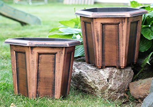 12" Rustic Hexagon Medieval Look (Set of 2 Planter + 2 Matching Trays) Flowerpot for Indoor Outdoor Garden Patio Office Home Decor (Copper-L) - Image 4
