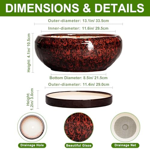 Bonsai Pots with Drainage Hole - 13 Inch Ceramic Succulent Pots, Large Succulent Planter with Saucer, Shallow Planter Indoor Outdoor, Round Planter Bowl, Apartment Decor, Garden Gifts, Red - Image 2