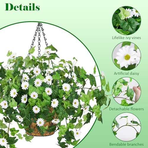 Krissing 2 Pack Artificial Hanging Basket with Daisy Flowers, White - Image 4