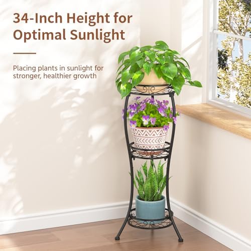 LASZOLA 3 Tiers Metal Corner Plant Flower Stand Tall Indoor Outdoor, Black - Image 2