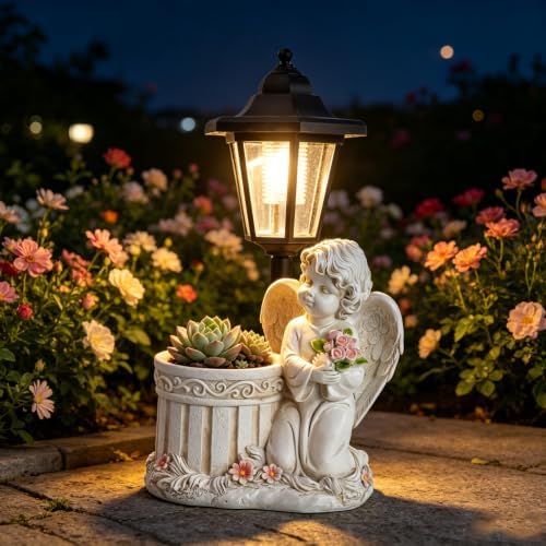 Angel Boy Garden Statue with Solar Lantern and Flowerpot Decor, Outdoor Solar Angel Garden Statue for Garden Lawn Patio Yard Decor Unique Housewarming Birthday Gifts for Women Mom by Unknown