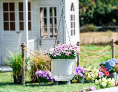 Melphoe Self Watering Hanging Planters Indoor Flower Pots, (8.3’’+8.3’’+5.3''+5.3'' 4Pack) - Outdoor Hanging Plant Pot Basket, Plant Hanger with 3Hooks Drainage Holes for Garden Home (White) - Image 2