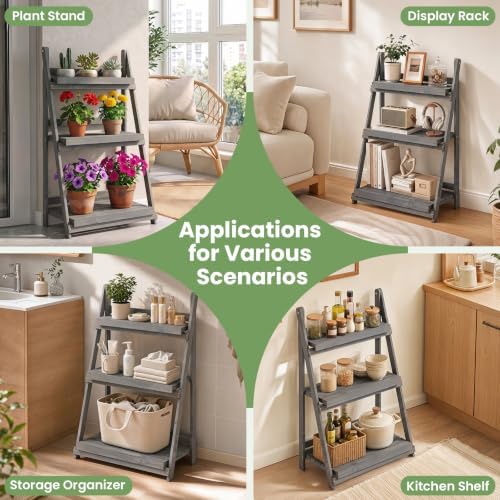 GIANTEX Foldable Wooden Plant Stand, 3-Tier Ladder Plant Shelf, Grey - Image 5