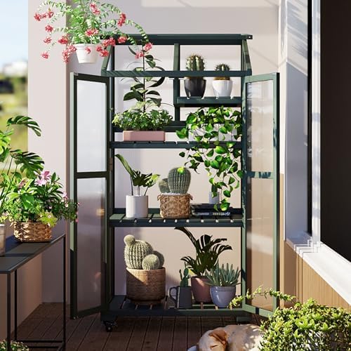 62-Inch Fir Wood Balcony Greenhouse Cold Frame with 4 Wheels by Unknown