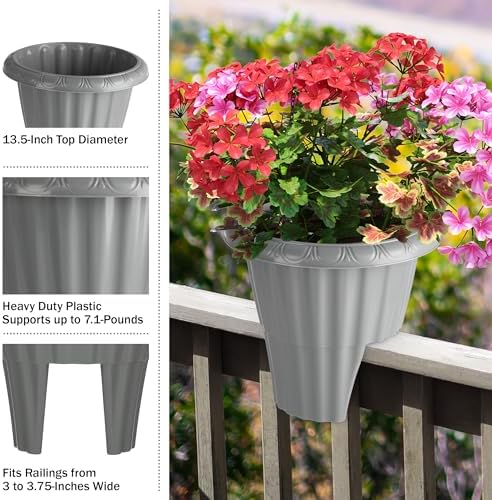 Railing Planter - 13.5-Inch Round Flower Box with Drainage Insert - 2.64-Gallon Outdoor Planter Box for Deck, Porch, or Balcony by Pure Garden (Gray) - Image 4
