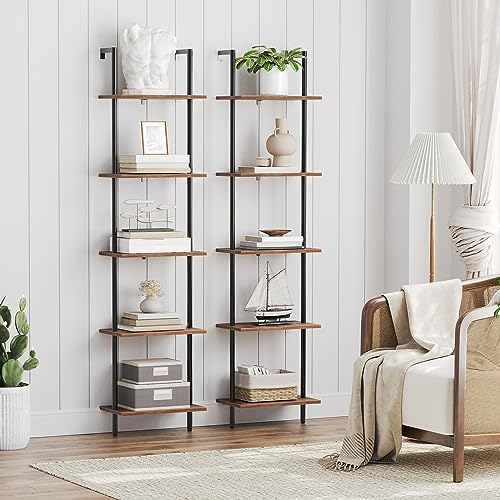 HOOBRO DIY Ladder Shelf, 5-Tier Wooden Wall Mounted Bookshelf, Narrow Bookcase, Display Shelf, Storage Rack, Plant Stand, for Living Room, Bedroom, Study, Balcony, Rustic Brown and Black BF531CJ01 - Image 4