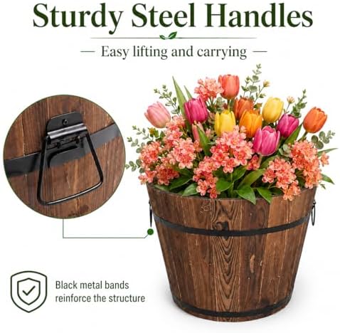 3 Pcs Wooden Planter Barrel Set, Outdoor Flower Pots with Handle & Drainage Holes, Rustic Whiskey Barrel Planter for Plants, Herbs, Veggies, Indoor Outdoor Use - Image 5