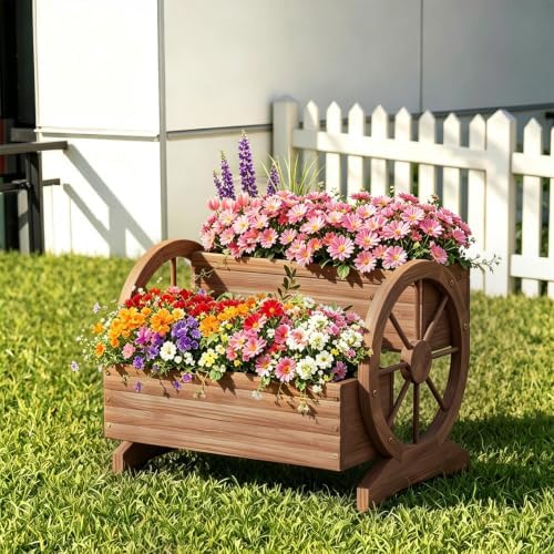 Wood Wagon Planter for outdoor Plants Cute Garden Flower Pots Cart Porch, L - Image 2
