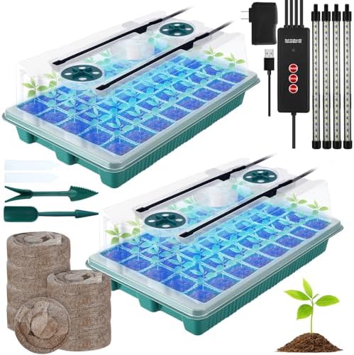 FillTouch 2 Packs 80 Cells Seed Starter Trays Kit with 4 Grow Light Seed Starter Kit Seedling Starter Trays with Humidity Dome and 80 Pcs Peat Pellet for Garden Seeds Propagation Seedlings by FillTouch