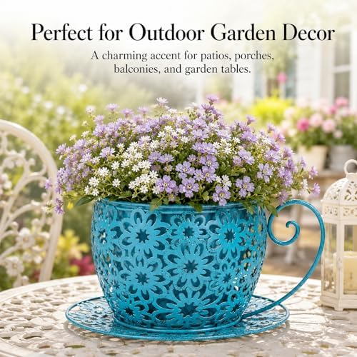 Iron Teacup Planter, Vintage Coffee Cup Flower Pot with Floral Cutout Design, Suitable for Indoor Outdoor Decoration, Ideal for Succulents Flowers, Balcony Garden Decor (Blue) - Image 3